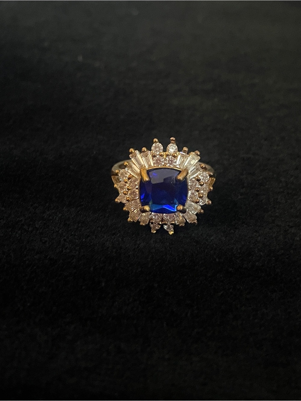 Vintage Gold-Tone Blue Sapphire Halo Cocktail Ring size 9.5 markings inside!